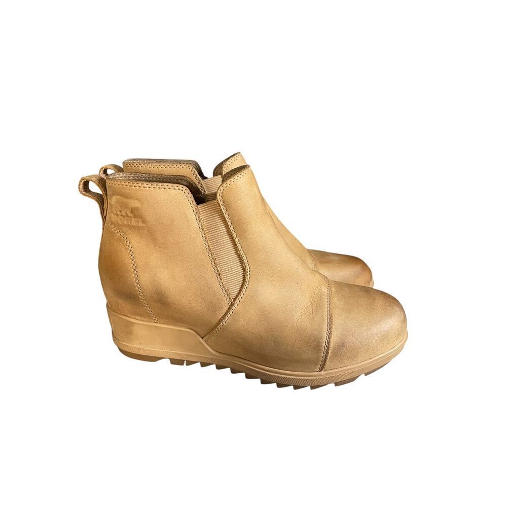 Sorel Women’s 8 Evie II Tan Leather Waterproof Chelsea Bootie Wedge Ankle Boot